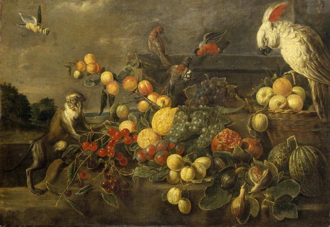 Wikioo.org - The Encyclopedia of Fine Arts - Painting, Artwork by Adriaen Van Utrecht - Nature morte aux fruits avec singe et perroquet
