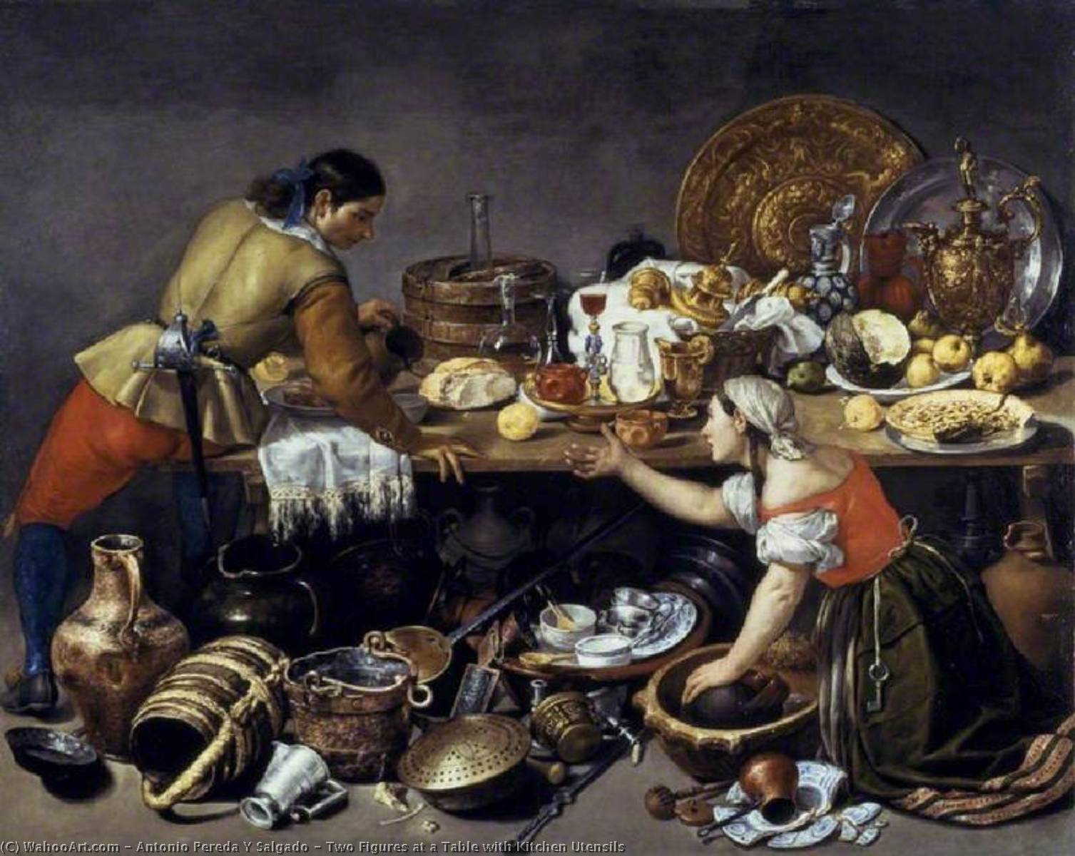 Wikioo.org - The Encyclopedia of Fine Arts - Painting, Artwork by Antonio Pereda Y Salgado - Two Figures at a Table with Kitchen Utensils