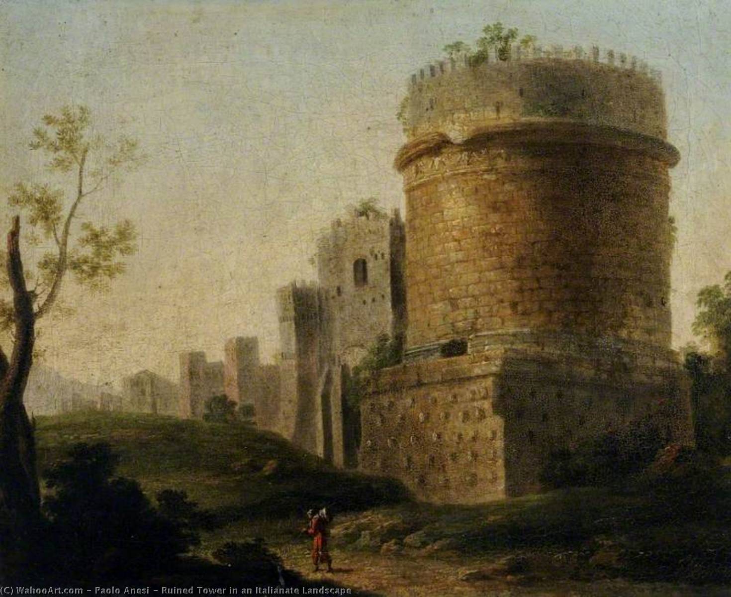 Wikioo.org - The Encyclopedia of Fine Arts - Painting, Artwork by Paolo Anesi - Ruined Tower in an Italianate Landscape