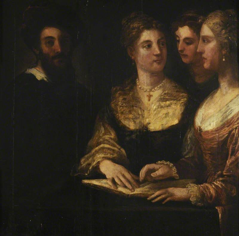 Wikioo.org - The Encyclopedia of Fine Arts - Painting, Artwork by Niccolo Dell' Abate - A Concert Three Ladies Singing, a Gentleman on the Left