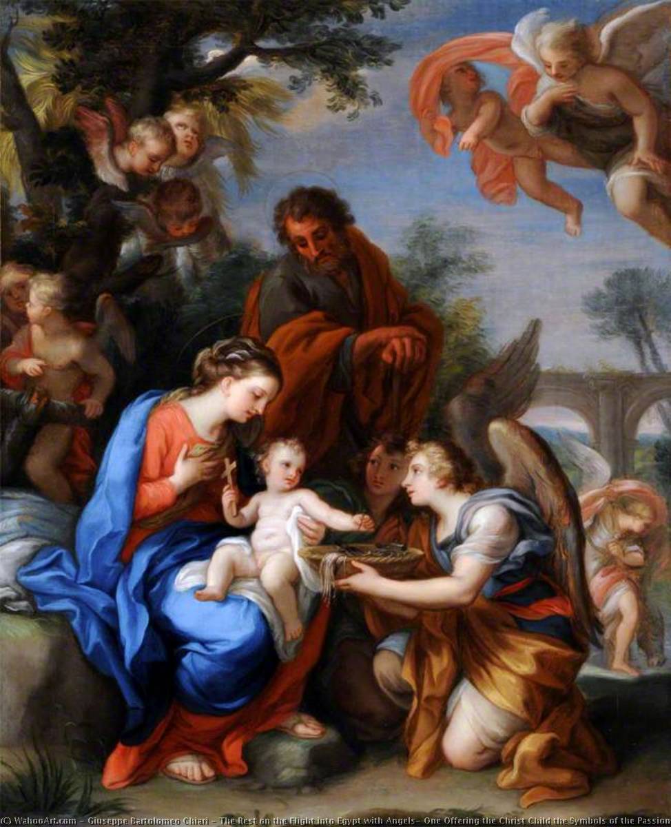 Wikioo.org - The Encyclopedia of Fine Arts - Painting, Artwork by Giuseppe Bartolomeo Chiari - The Rest on the Flight into Egypt with Angels, One Offering the Christ Child the Symbols of the Passion