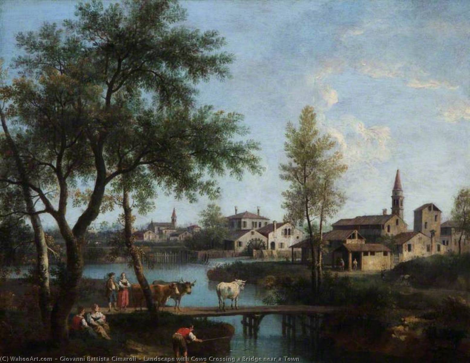 Wikioo.org - The Encyclopedia of Fine Arts - Painting, Artwork by Giovanni Battista Cimaroli - Landscape with Cows Crossing a Bridge near a Town