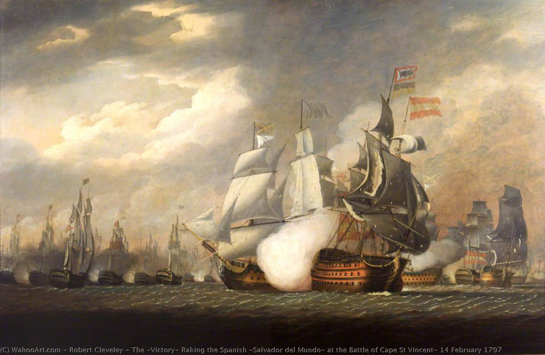 Wikioo.org - The Encyclopedia of Fine Arts - Painting, Artwork by Robert Cleveley - The 'Victory' Raking the Spanish 'Salvador del Mundo' at the Battle of Cape St Vincent, 14 February 1797