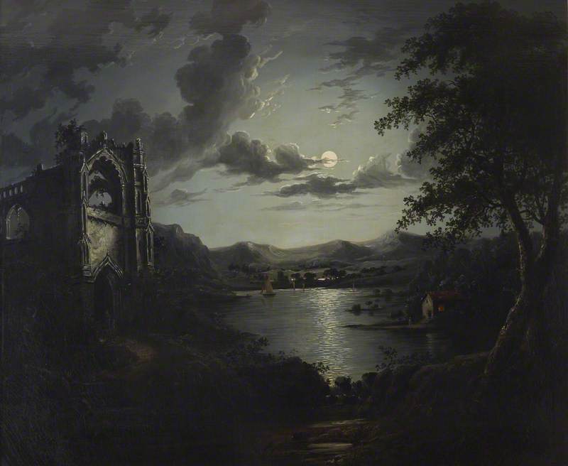Wikioo.org - The Encyclopedia of Fine Arts - Painting, Artwork by William Pether - Moonlit Lake, with a Ruined Abbey and a Cottage with an Illuminated Window