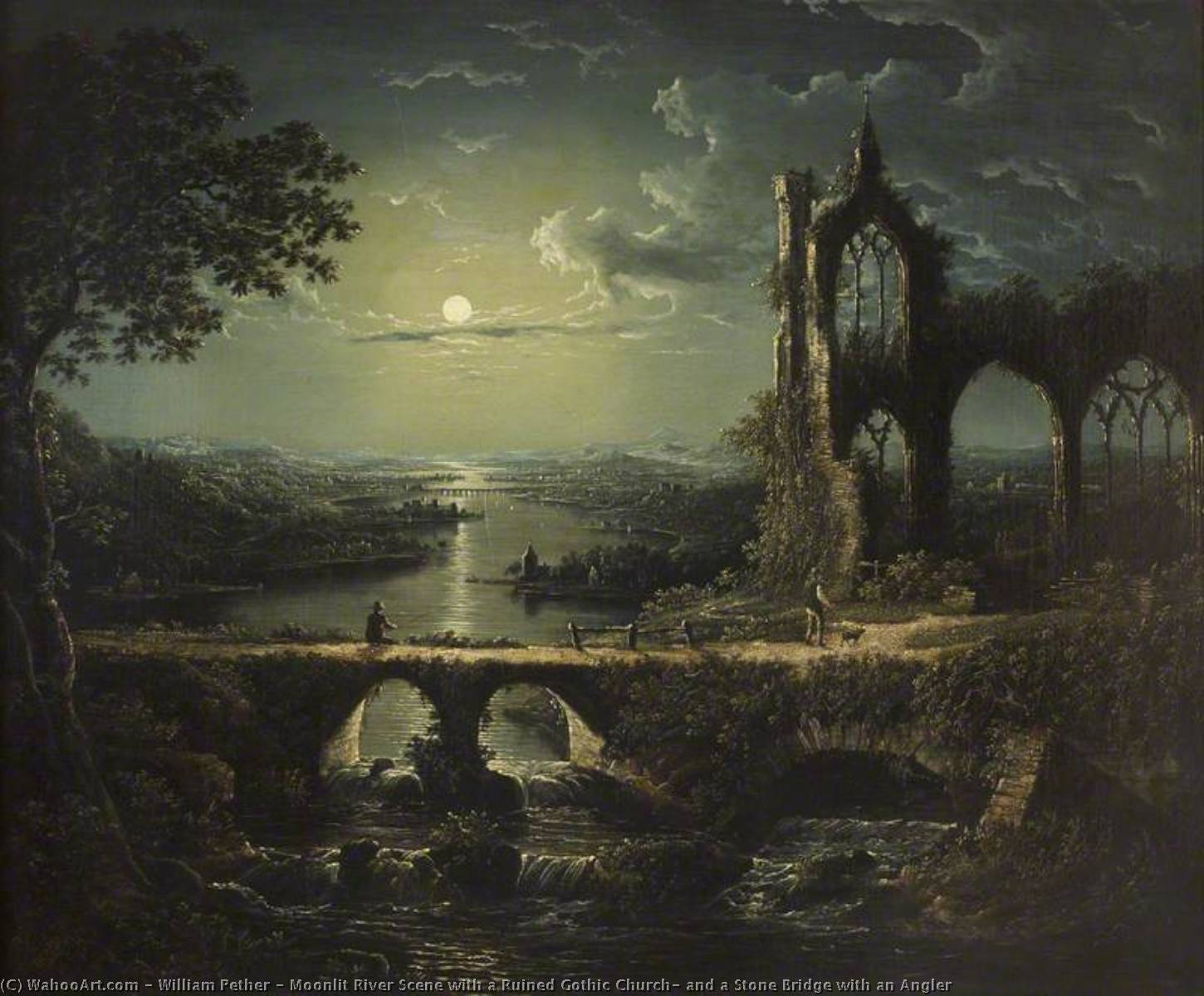 Wikioo.org - The Encyclopedia of Fine Arts - Painting, Artwork by William Pether - Moonlit River Scene with a Ruined Gothic Church, and a Stone Bridge with an Angler