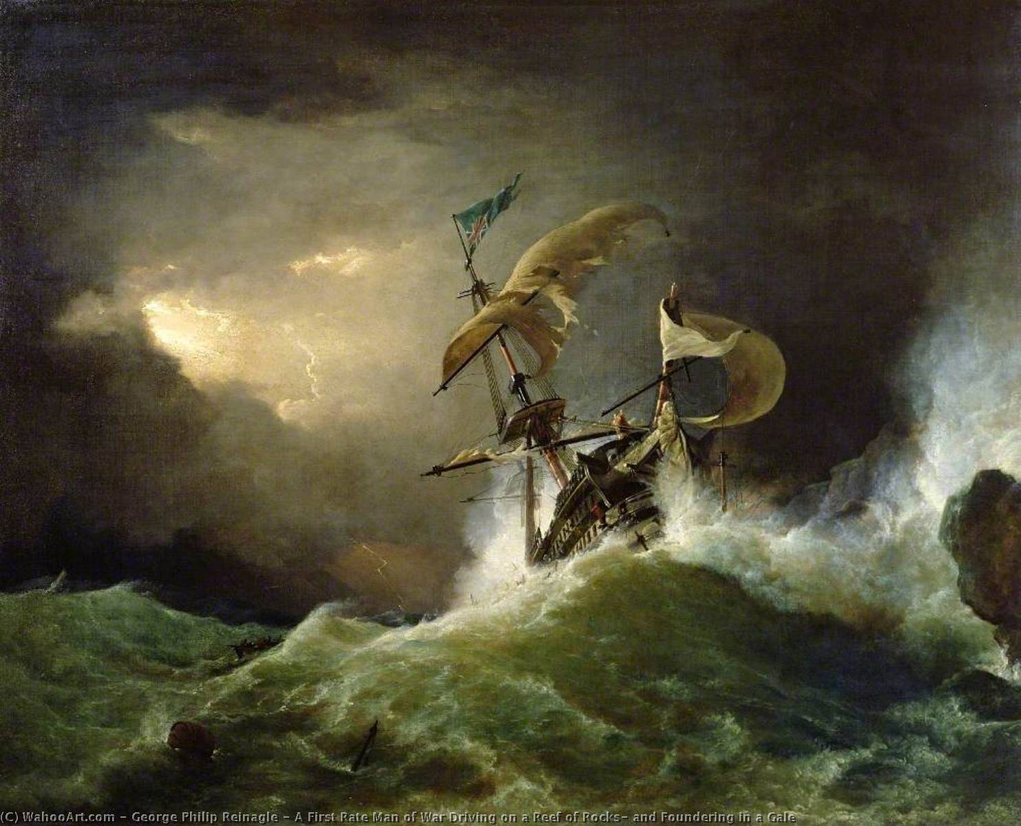 Wikioo.org - The Encyclopedia of Fine Arts - Painting, Artwork by George Philip Reinagle - A First Rate Man of War Driving on a Reef of Rocks, and Foundering in a Gale