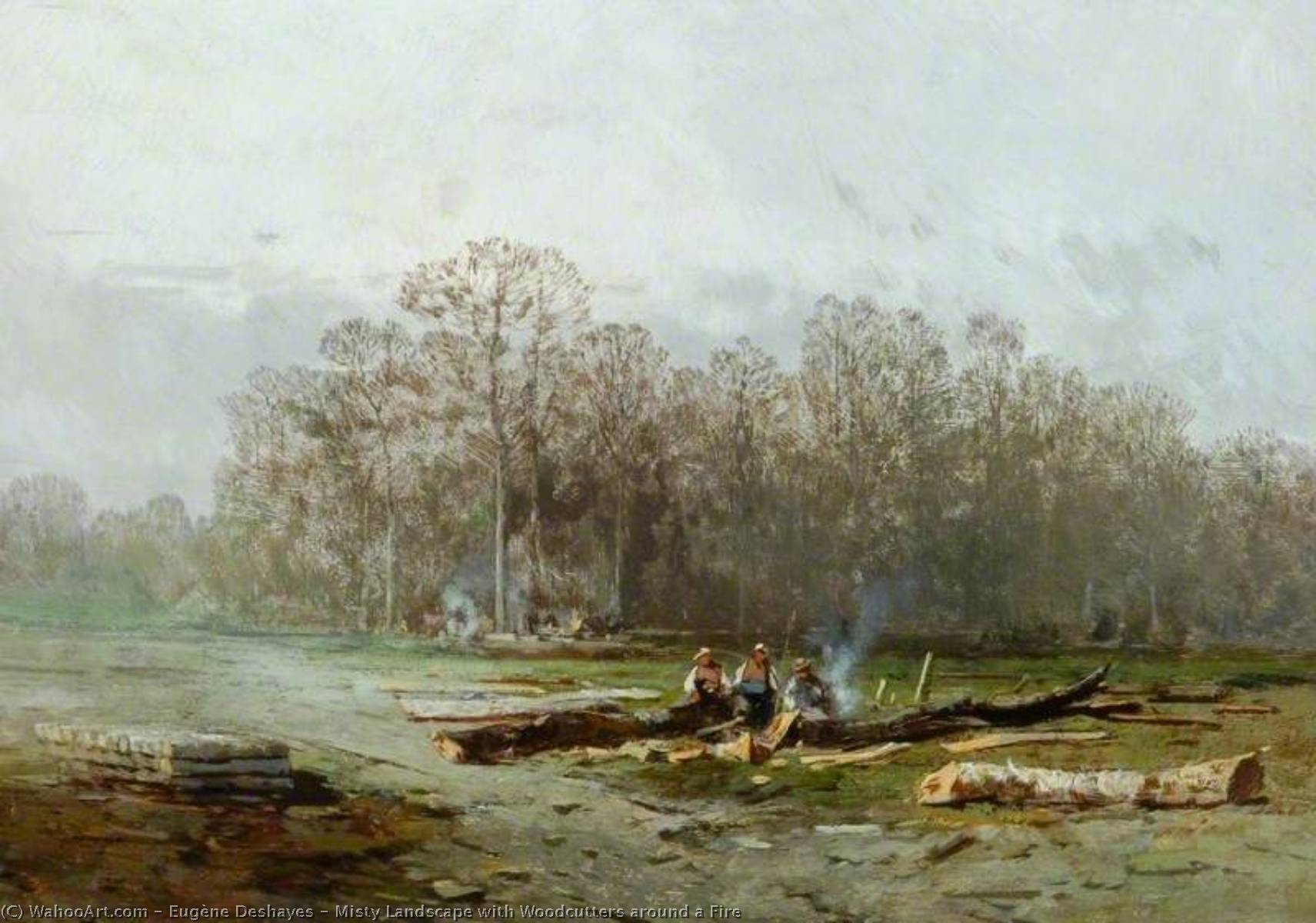 Wikioo.org - The Encyclopedia of Fine Arts - Painting, Artwork by Eugene Deshayes - Misty Landscape with Woodcutters around a Fire