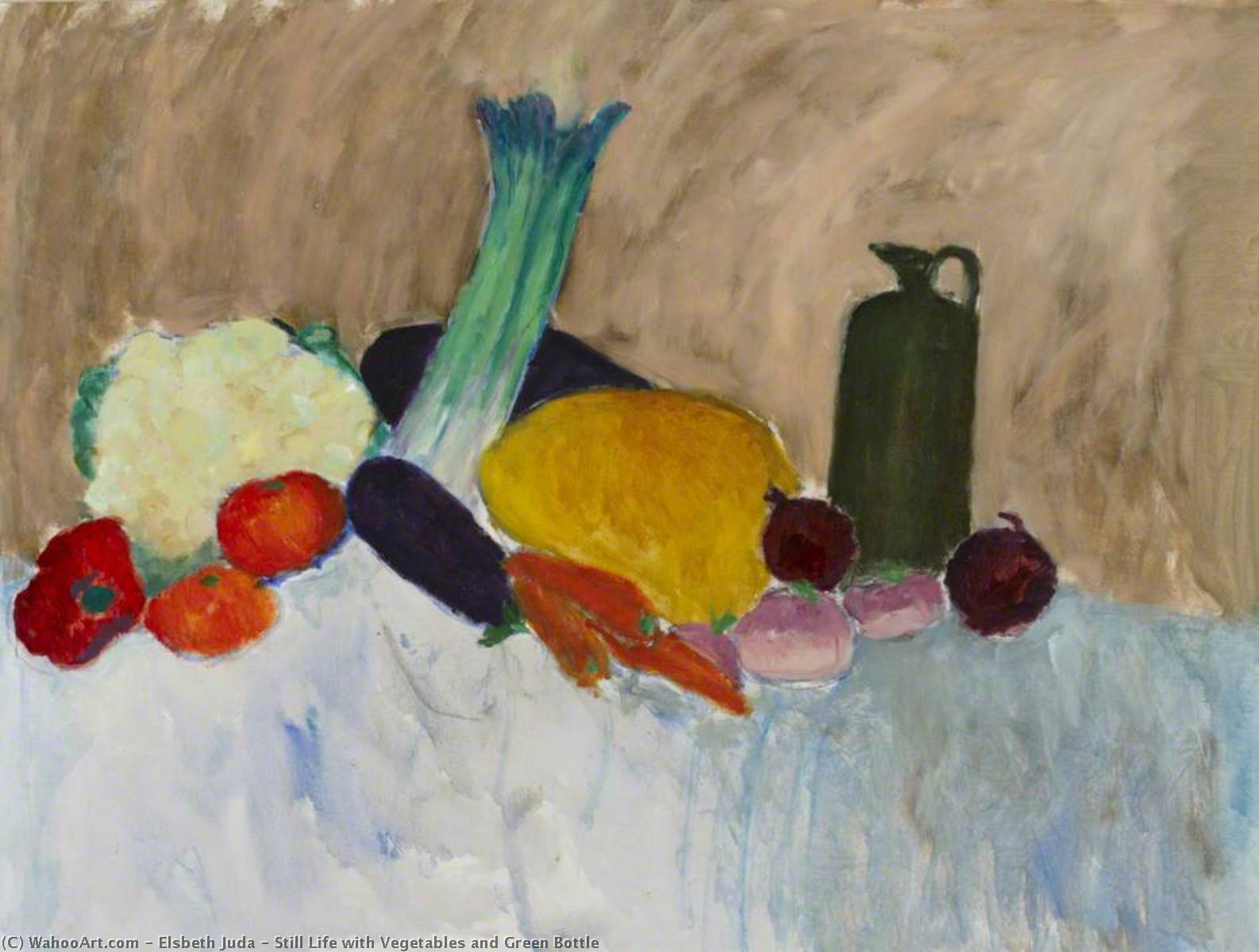 Wikioo.org - The Encyclopedia of Fine Arts - Painting, Artwork by Elsbeth Juda - Still Life with Vegetables and Green Bottle