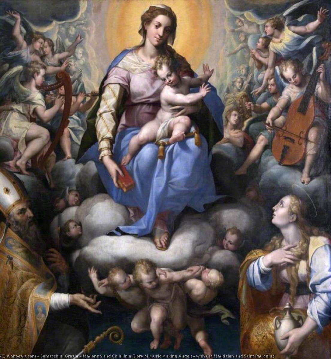 Wikioo.org - The Encyclopedia of Fine Arts - Painting, Artwork by Orazio Samacchini - Madonna and Child in a Glory of Music Making Angels, with the Magdalen and Saint Petronius