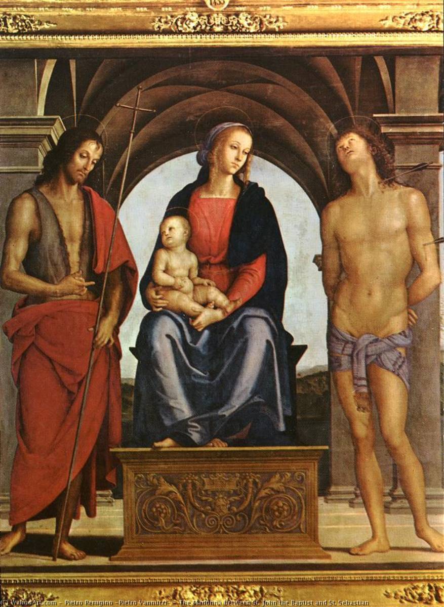 WikiOO.org - Enciklopedija dailės - Tapyba, meno kuriniai Pietro Perugino (Pietro Vannucci) - The Madonna between St. John the Baptist and St. Sebastian