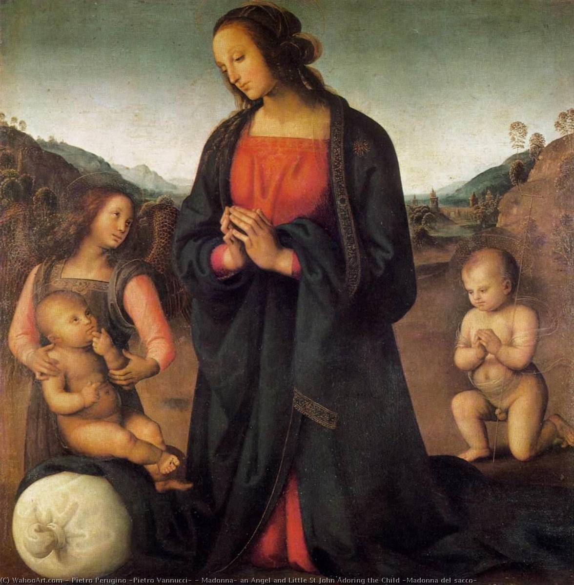 WikiOO.org – 美術百科全書 - 繪畫，作品 Pietro Perugino (Pietro Vannucci) -  麦当娜 , 一个天使 和小 圣约翰 崇拜  的  孩子 ( 圣母 萨科 )