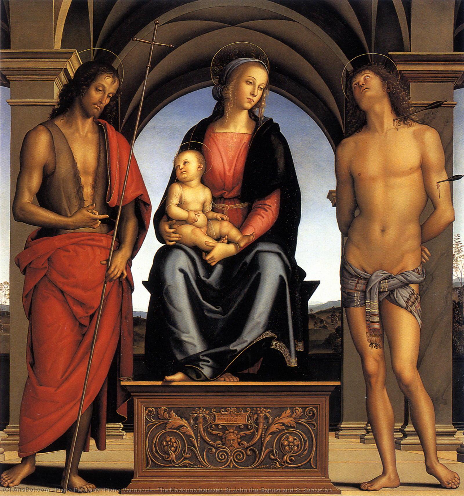 WikiOO.org - Enciklopedija dailės - Tapyba, meno kuriniai Pietro Perugino (Pietro Vannucci) - The Madonna between St John the Baptist and St Sebastian