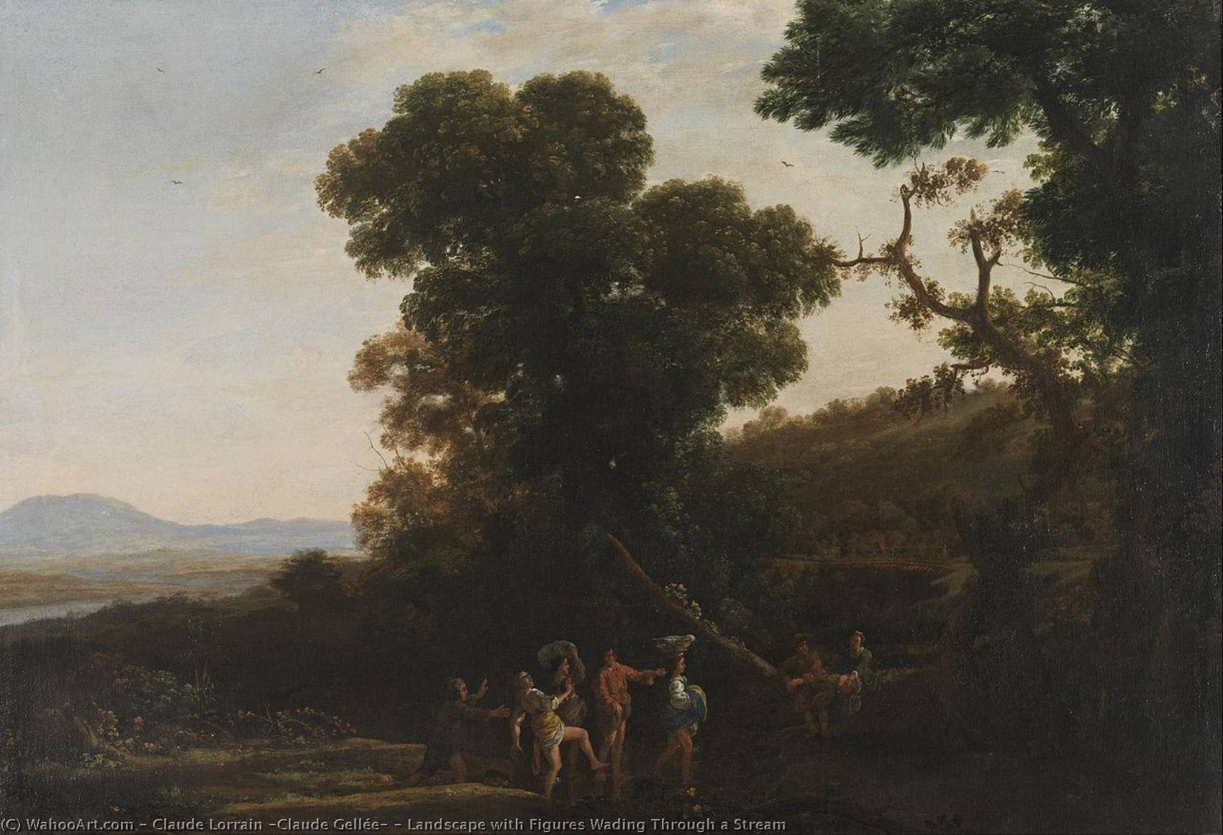 Wikioo.org - The Encyclopedia of Fine Arts - Painting, Artwork by Claude Lorrain (Claude Gellée) - Landscape with Figures Wading Through a Stream