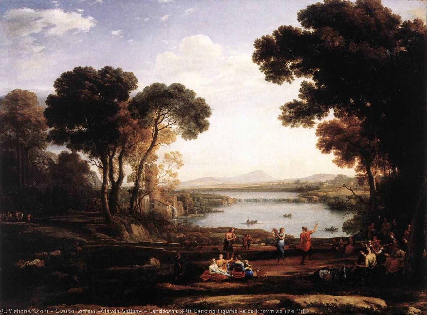 Wikioo.org - The Encyclopedia of Fine Arts - Painting, Artwork by Claude Lorrain (Claude Gellée) - Landscape with Dancing Figures (also known as The Mill)