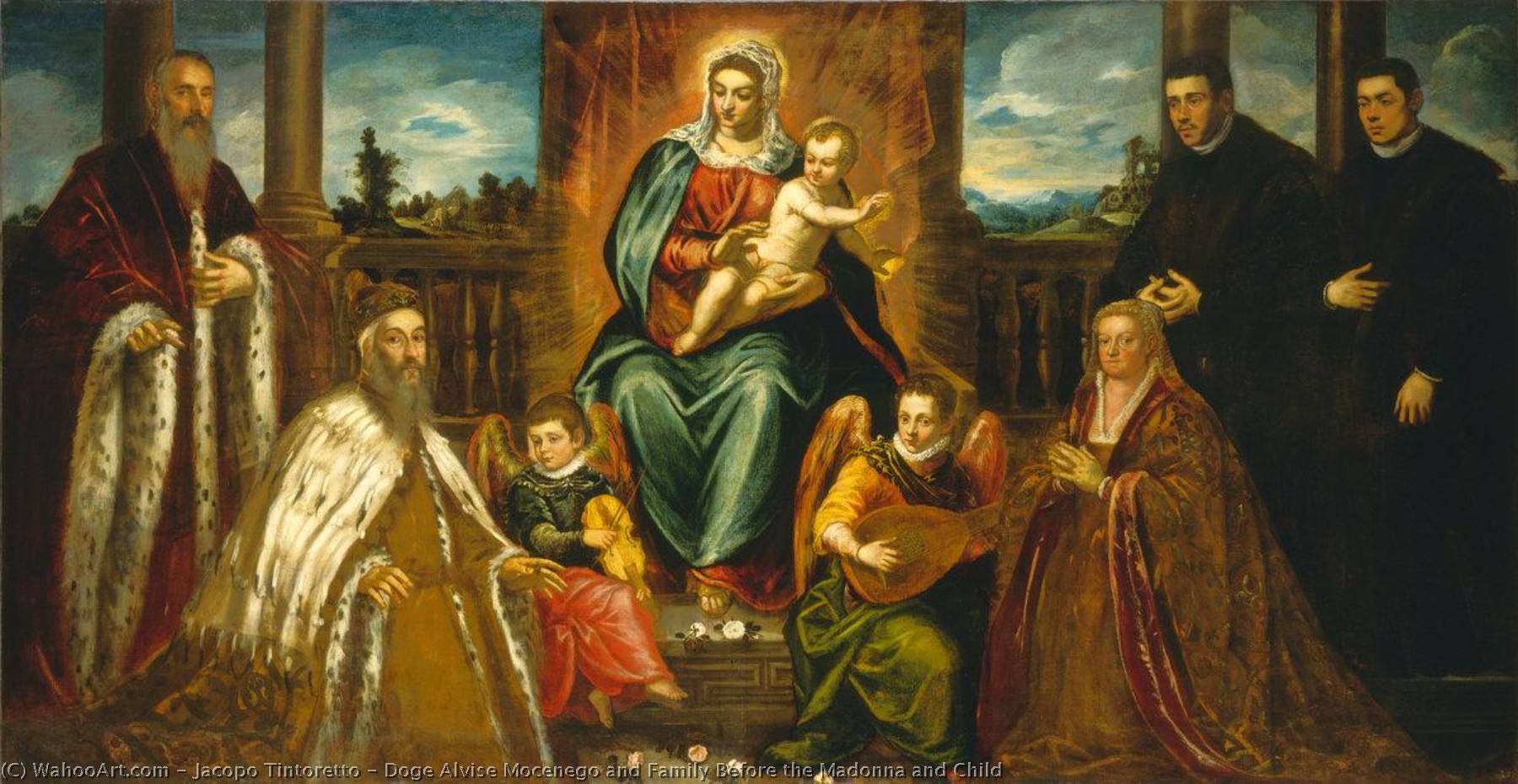Wikioo.org – La Enciclopedia de las Bellas Artes - Pintura, Obras de arte de Jacopo Tintoretto - dux alvise Mocenego y familia Antes de el madonna y niño
