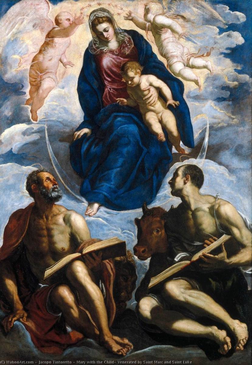 WikiOO.org – 美術百科全書 - 繪畫，作品 Jacopo Tintoretto - 玛丽  的  孩子 , 崇敬 通过 圣马克 和saint 卢克