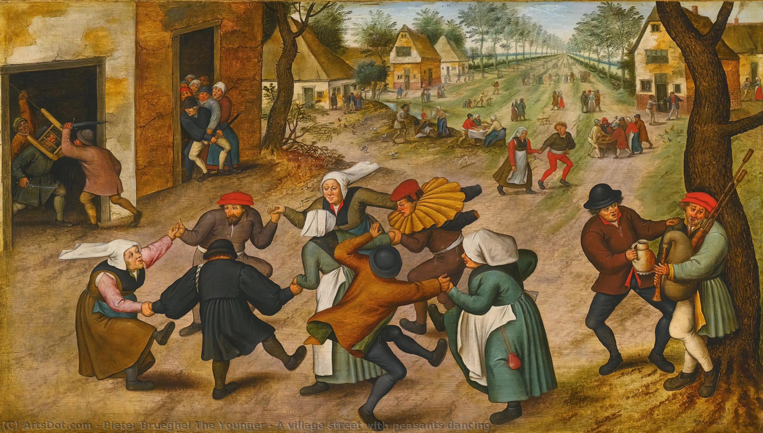 Wikioo.org - The Encyclopedia of Fine Arts - Painting, Artwork by Pieter Brueghel The Younger - A village street with peasants dancing