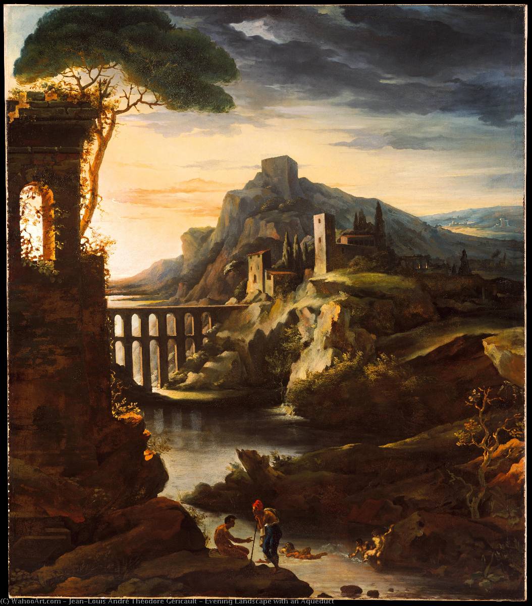 WikiOO.org - 百科事典 - 絵画、アートワーク Jean-Louis André Théodore Géricault - 夕方 風景 と一緒に  一つの  水道橋