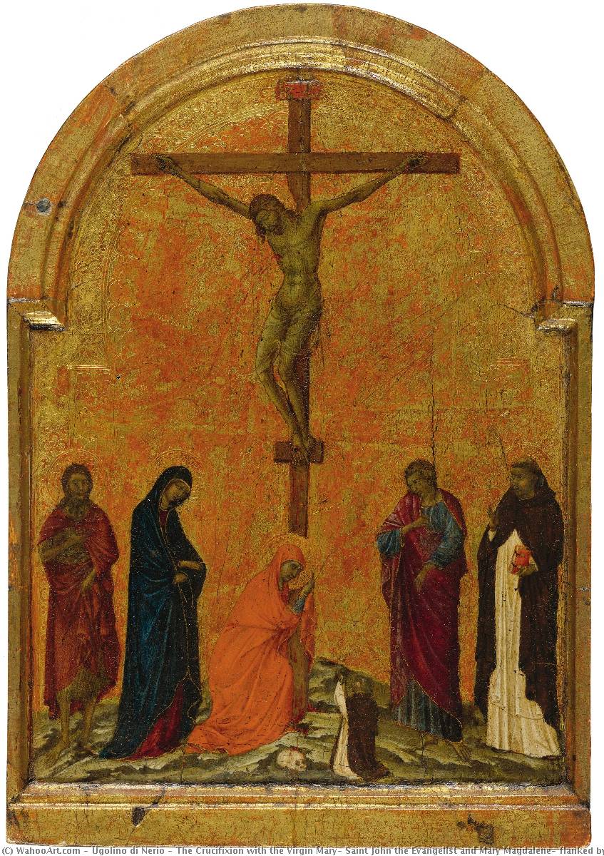 Wikioo.org - The Encyclopedia of Fine Arts - Painting, Artwork by Ugolino Di Nerio - The Crucifixion with the Virgin Mary, Saint John the Evangelist and Mary Magdalene, flanked by Saints John the Baptist and Dominic