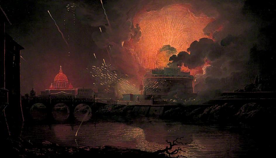 Wikioo.org - The Encyclopedia of Fine Arts - Painting, Artwork by Joseph Wright Of Derby - Firework Display at Castel Sant'Angelo
