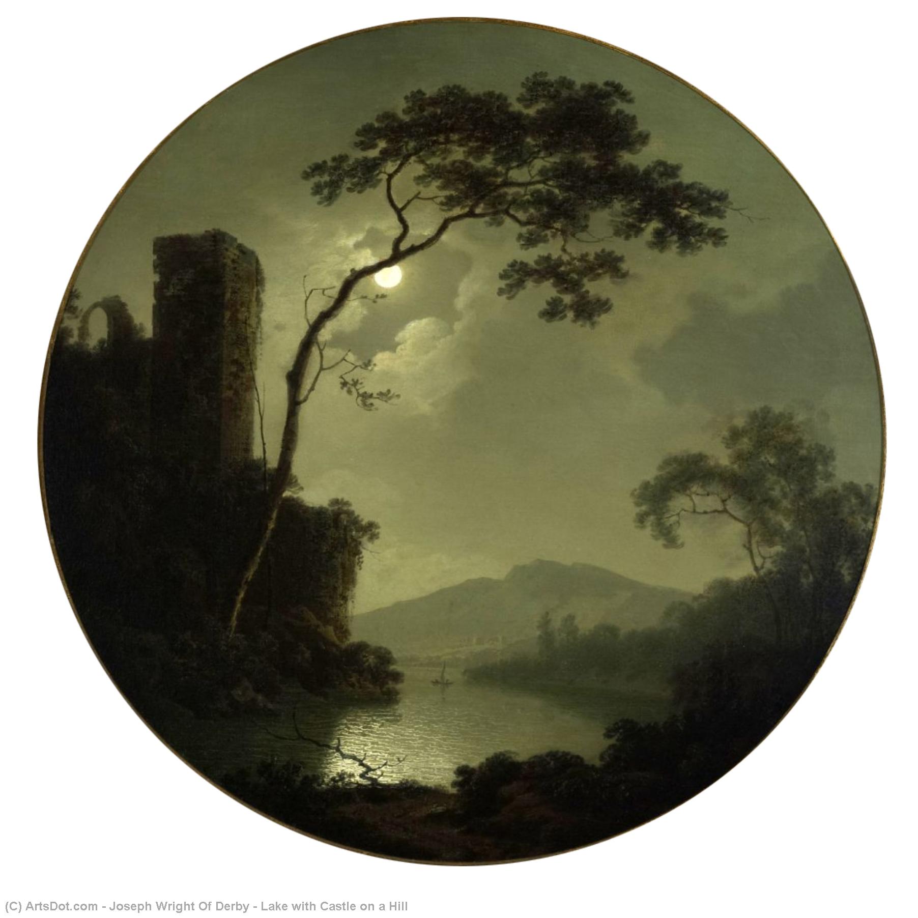 Wikioo.org - The Encyclopedia of Fine Arts - Painting, Artwork by Joseph Wright Of Derby - Lake with Castle on a Hill