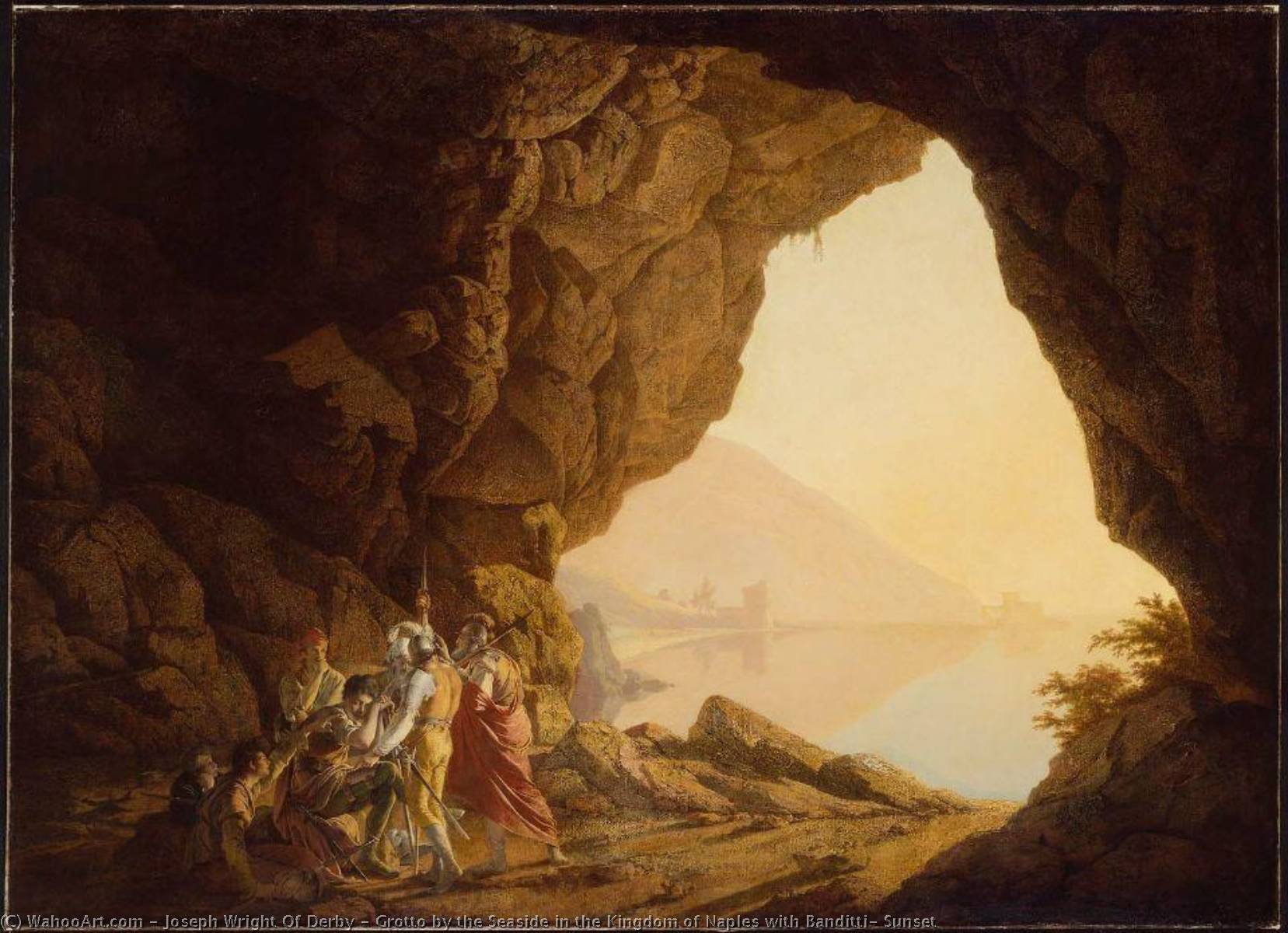 Wikioo.org - The Encyclopedia of Fine Arts - Painting, Artwork by Joseph Wright Of Derby - Grotto by the Seaside in the Kingdom of Naples with Banditti, Sunset