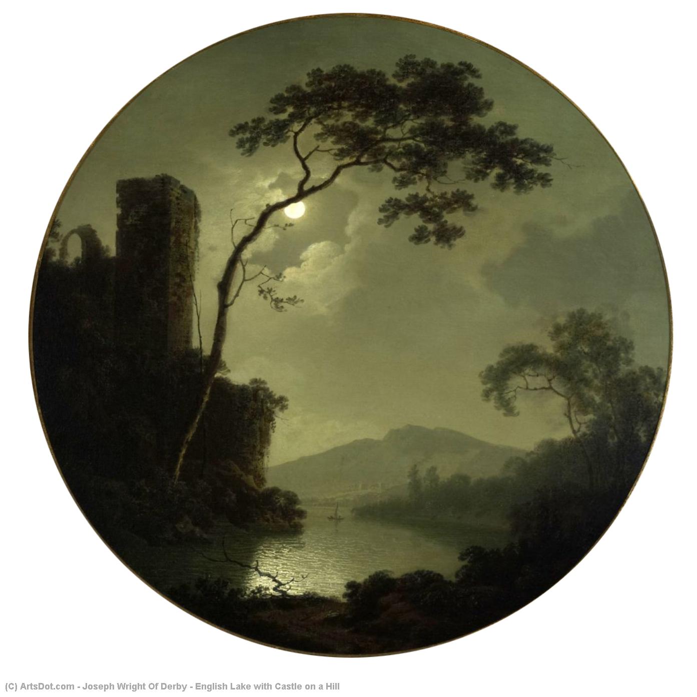 Wikioo.org - The Encyclopedia of Fine Arts - Painting, Artwork by Joseph Wright Of Derby - English Lake with Castle on a Hill