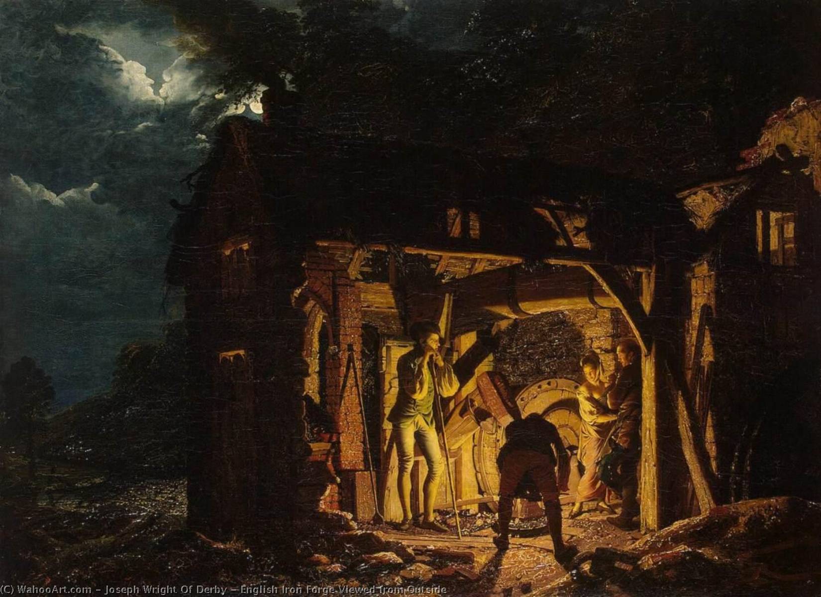 Wikioo.org - The Encyclopedia of Fine Arts - Painting, Artwork by Joseph Wright Of Derby - English Iron Forge Viewed from Outside