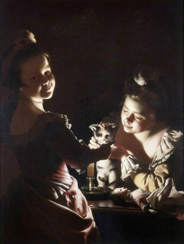 Wikioo.org – La Enciclopedia de las Bellas Artes - Pintura, Obras de arte de Joseph Wright Of Derby - dos chicas vestir un gatito de candlelight Alternativa denominación Vestirse Gatito
