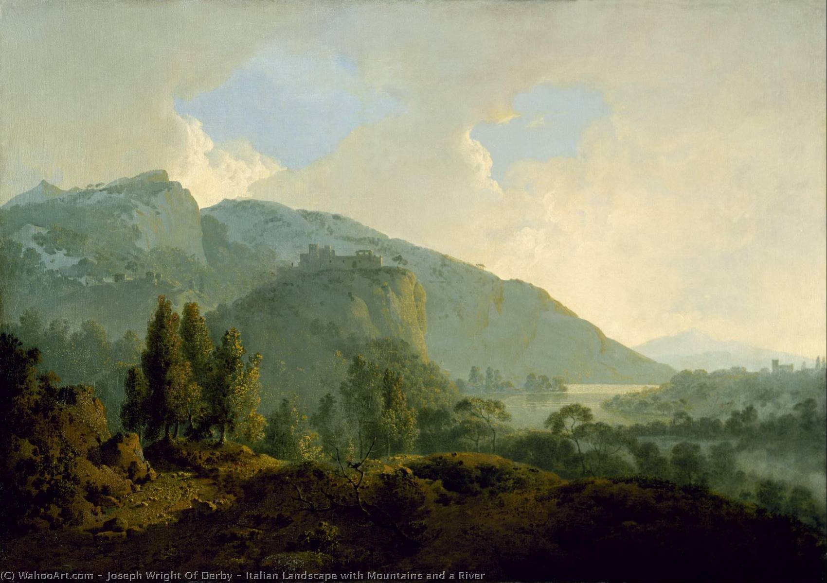 Wikioo.org - The Encyclopedia of Fine Arts - Painting, Artwork by Joseph Wright Of Derby - Italian Landscape with Mountains and a River