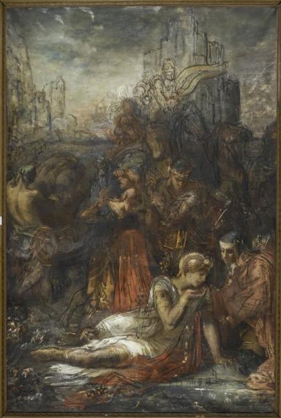 Wikioo.org - The Encyclopedia of Fine Arts - Painting, Artwork by Gustave Moreau - Darius, fuyant après la bataille d'Arbelles, s'arrête, épuisé de fatigue, pour boire dans une mare
