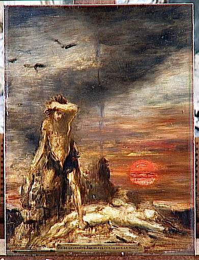 Wikioo.org - The Encyclopedia of Fine Arts - Painting, Artwork by Gustave Moreau - La Vie de l'Humanité l'Age de fer, Caïn. Le Soir. La Mort
