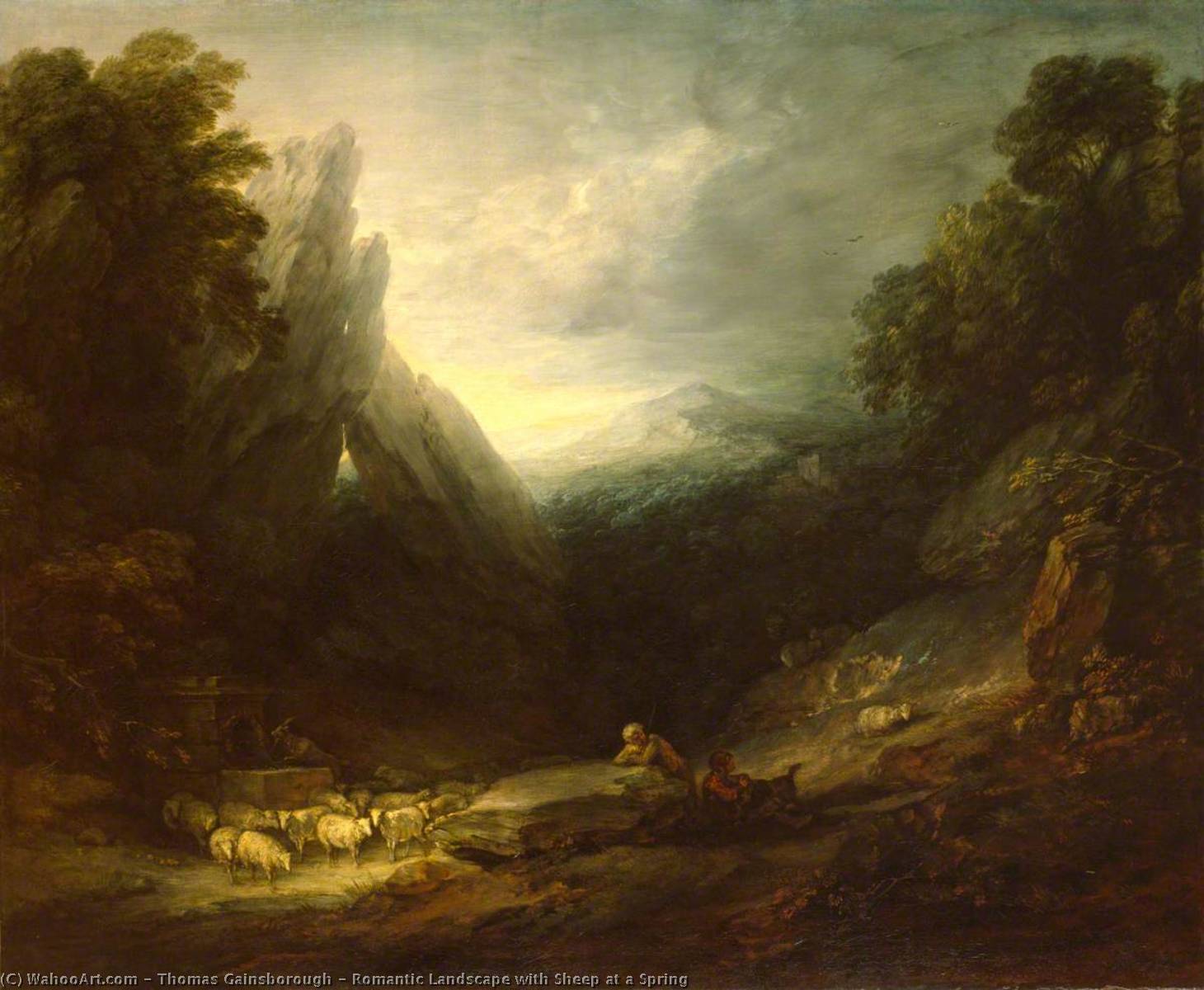 Wikioo.org - The Encyclopedia of Fine Arts - Painting, Artwork by Thomas Gainsborough - Romantic Landscape with Sheep at a Spring
