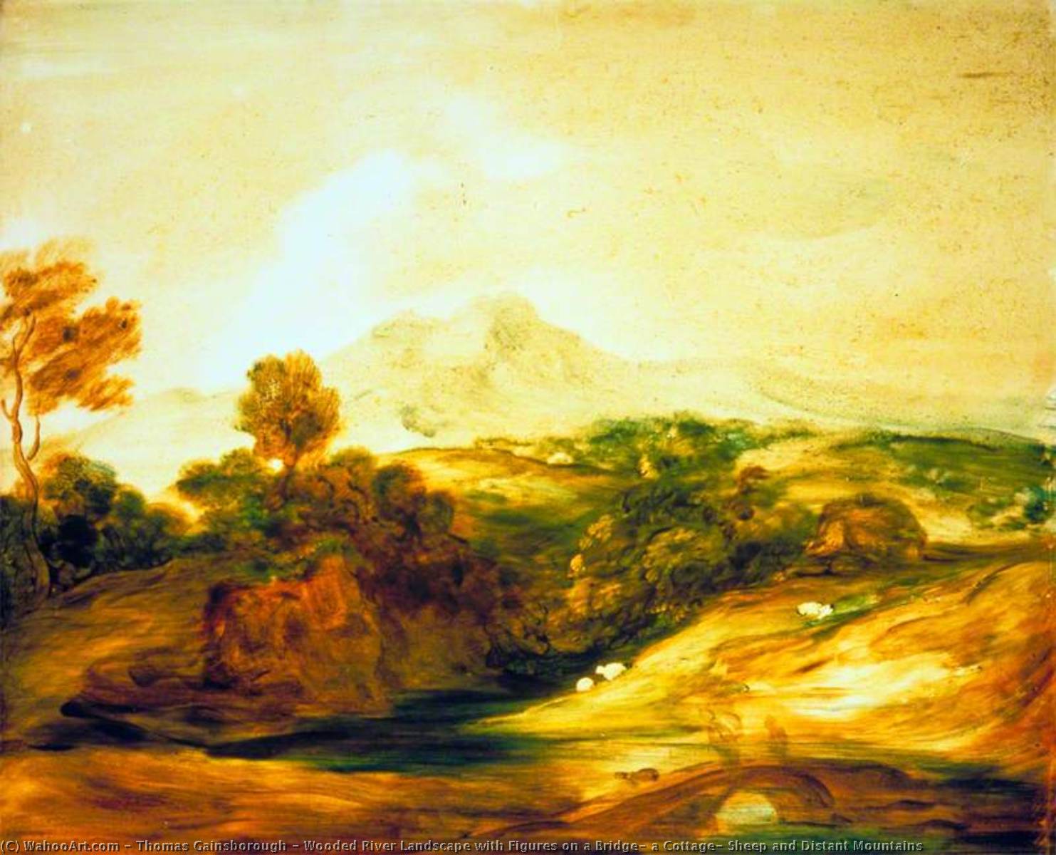 Wikioo.org - The Encyclopedia of Fine Arts - Painting, Artwork by Thomas Gainsborough - Wooded River Landscape with Figures on a Bridge, a Cottage, Sheep and Distant Mountains