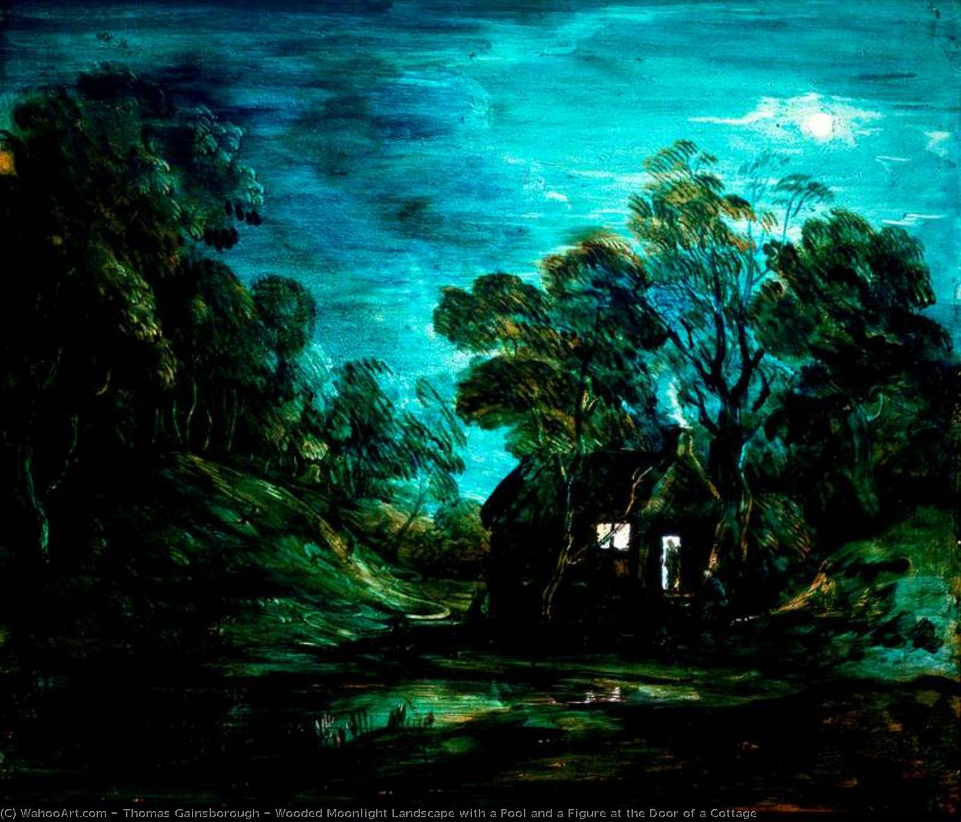 Wikioo.org - The Encyclopedia of Fine Arts - Painting, Artwork by Thomas Gainsborough - Wooded Moonlight Landscape with a Pool and a Figure at the Door of a Cottage