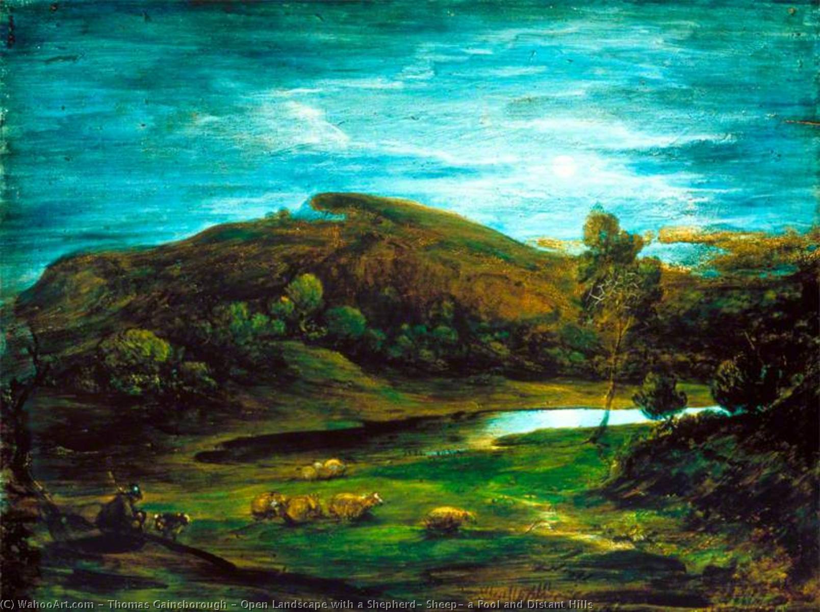 Wikioo.org - The Encyclopedia of Fine Arts - Painting, Artwork by Thomas Gainsborough - Open Landscape with a Shepherd, Sheep, a Pool and Distant Hills
