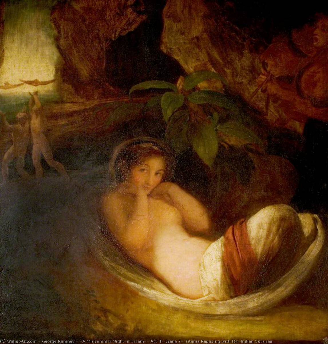 WikiOO.org - Encyclopedia of Fine Arts - Maalaus, taideteos George Romney - 'A Midsummer Night's Dream', Act II, Scene 2, Titania Reposing with Her Indian Votaries