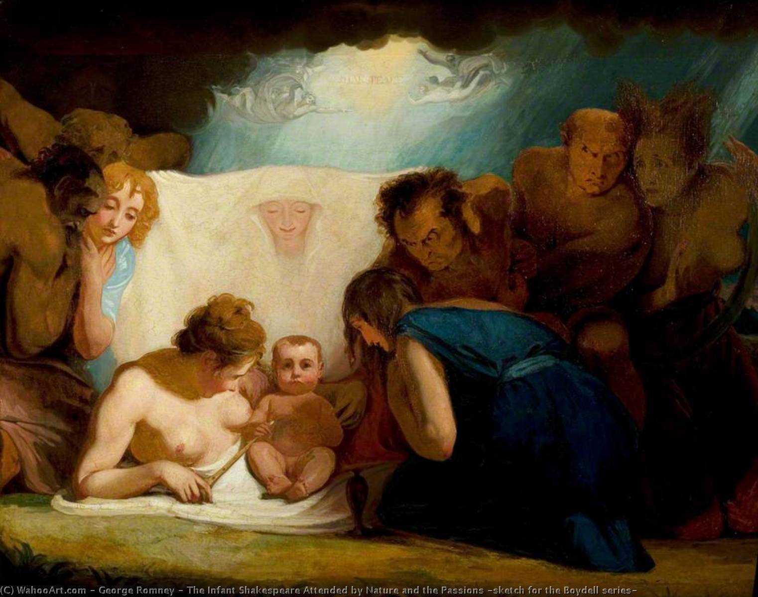 Wikioo.org - The Encyclopedia of Fine Arts - Painting, Artwork by George Romney - The Infant Shakespeare Attended by Nature and the Passions (sketch for the Boydell series)