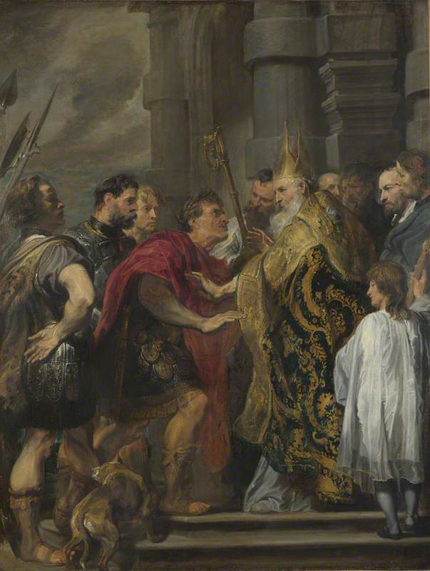 Wikioo.org - The Encyclopedia of Fine Arts - Painting, Artwork by Anthony Van Dyck - The Emperor Theodosius is forbidden by Saint Ambrose to enter Milan Cathedral