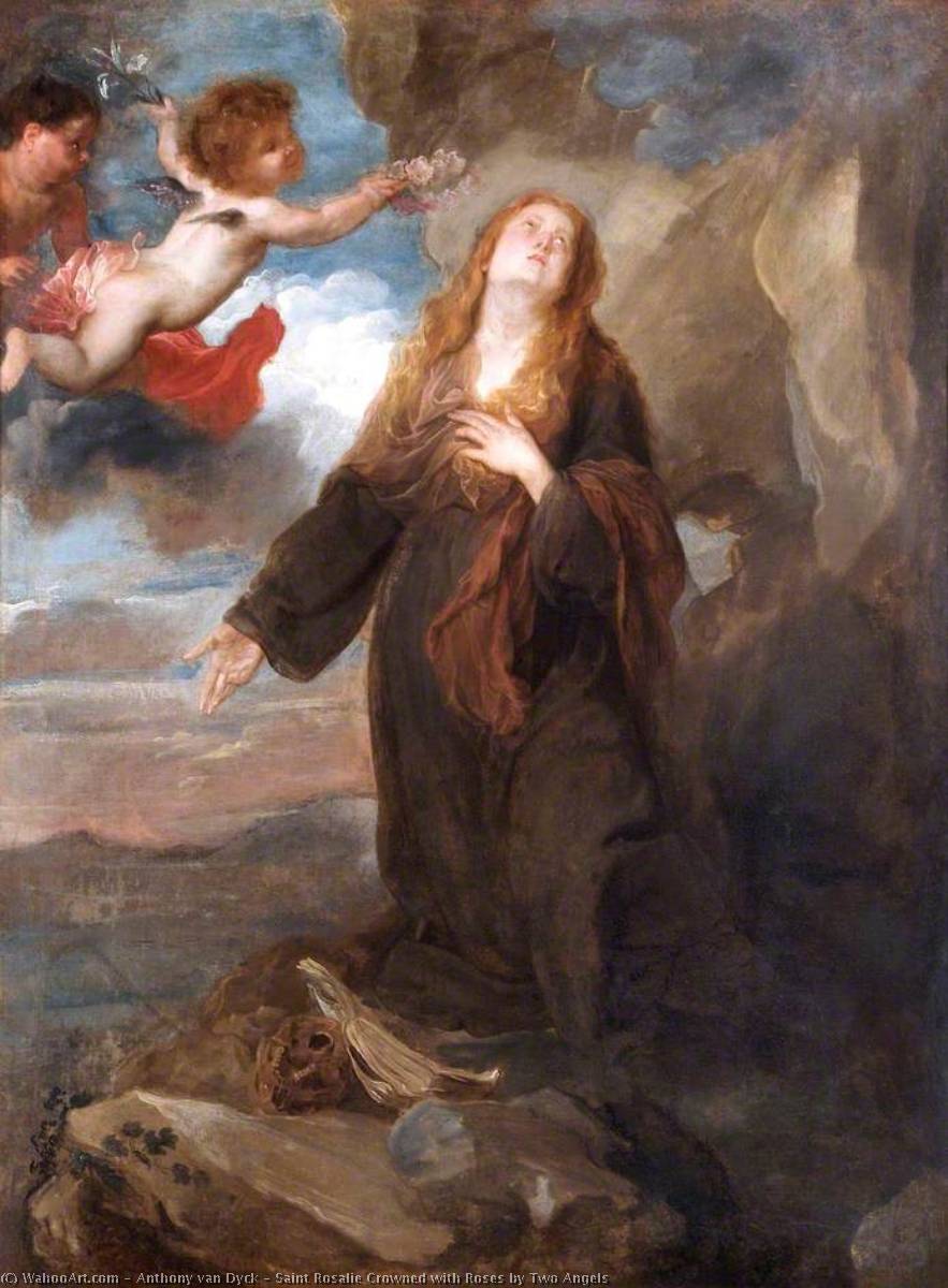 WikiOO.org – 美術百科全書 - 繪畫，作品 Anthony Van Dyck -  圣人 罗莎莉  加冕  与  玫瑰  通过   两  天使