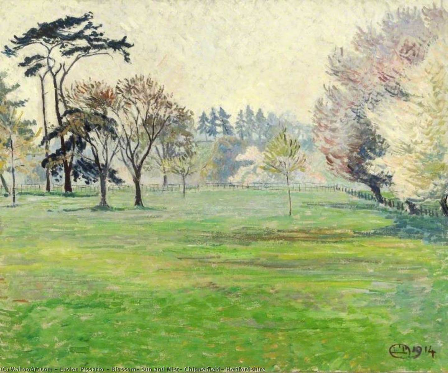 Wikioo.org - The Encyclopedia of Fine Arts - Painting, Artwork by Lucien Pissarro - Blossom, Sun and Mist, Chipperfield, Hertfordshire