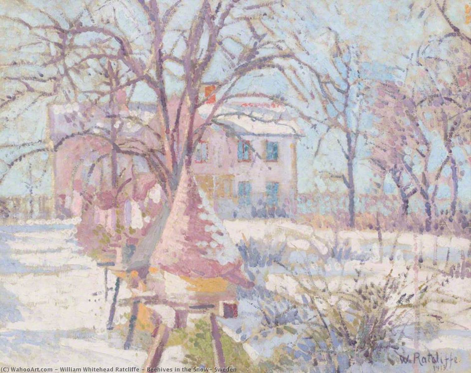 Wikoo.org - موسوعة الفنون الجميلة - اللوحة، العمل الفني William Whitehead Ratcliffe - Beehives in the Snow, Sweden