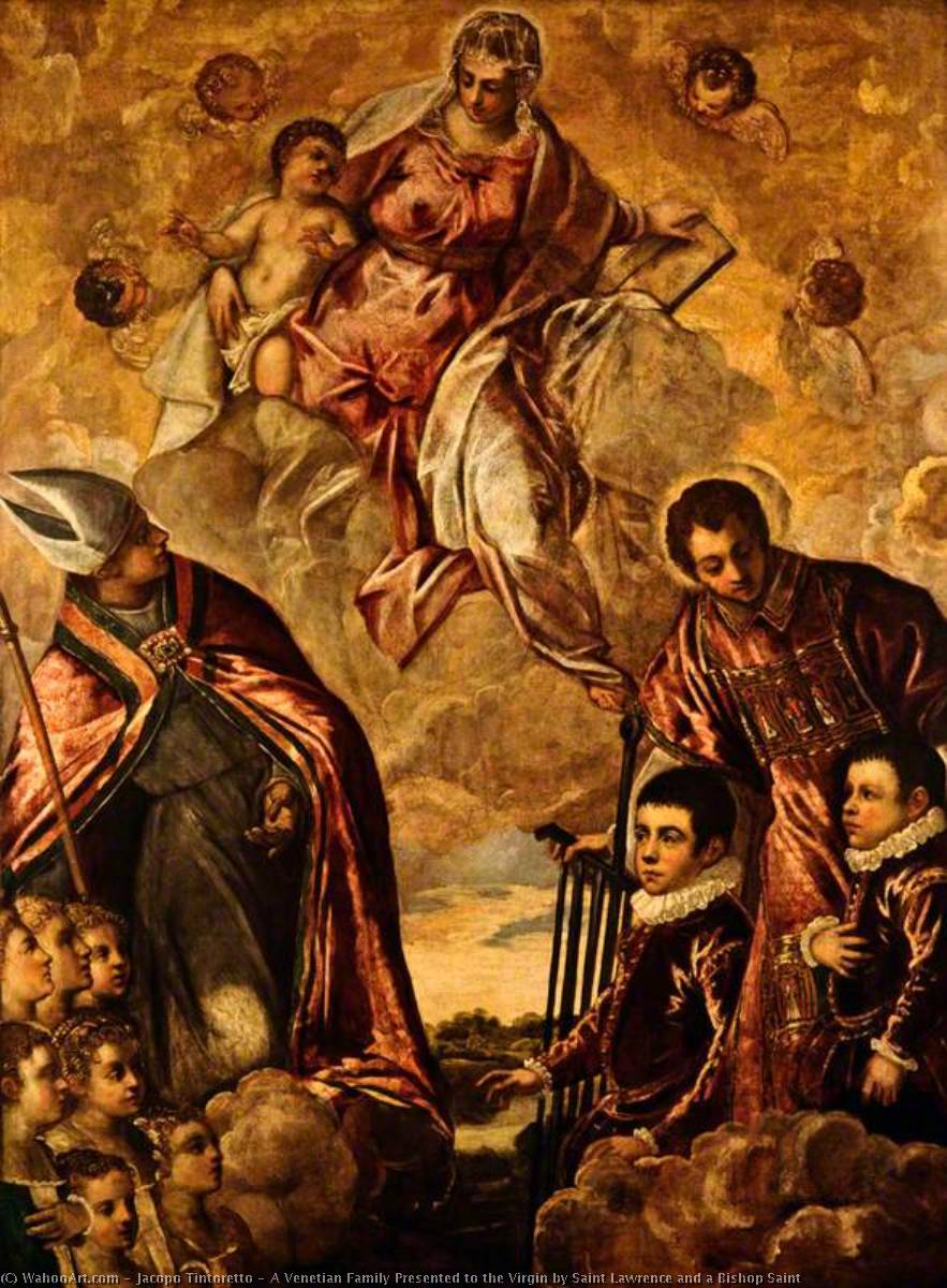 Wikioo.org - The Encyclopedia of Fine Arts - Painting, Artwork by Jacopo Tintoretto - A Venetian Family Presented to the Virgin by Saint Lawrence and a Bishop Saint