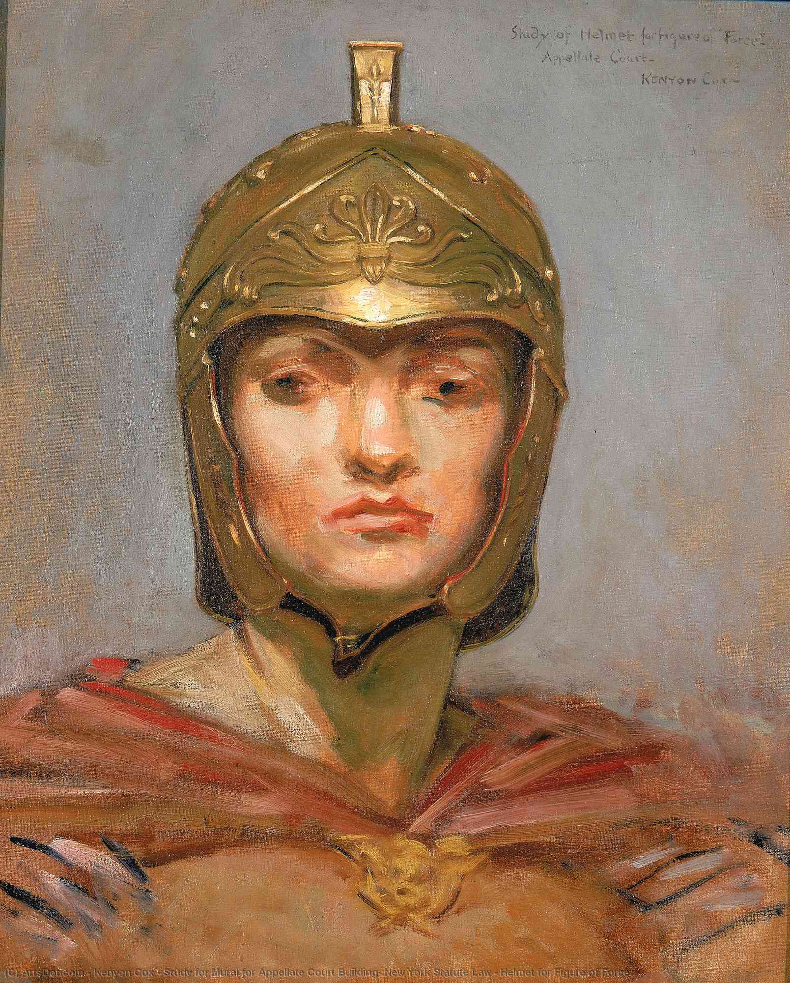 Wikioo.org - The Encyclopedia of Fine Arts - Painting, Artwork by Kenyon Cox - Study for Mural for Appellate Court Building, New York Statute Law , Helmet for Figure of Force