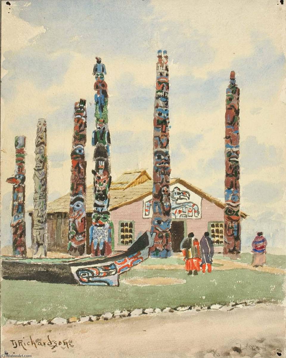Wikioo.org - The Encyclopedia of Fine Arts - Painting, Artwork by Theodore J. Richardson - Alaska Building with Totems at St. Louis Exposition