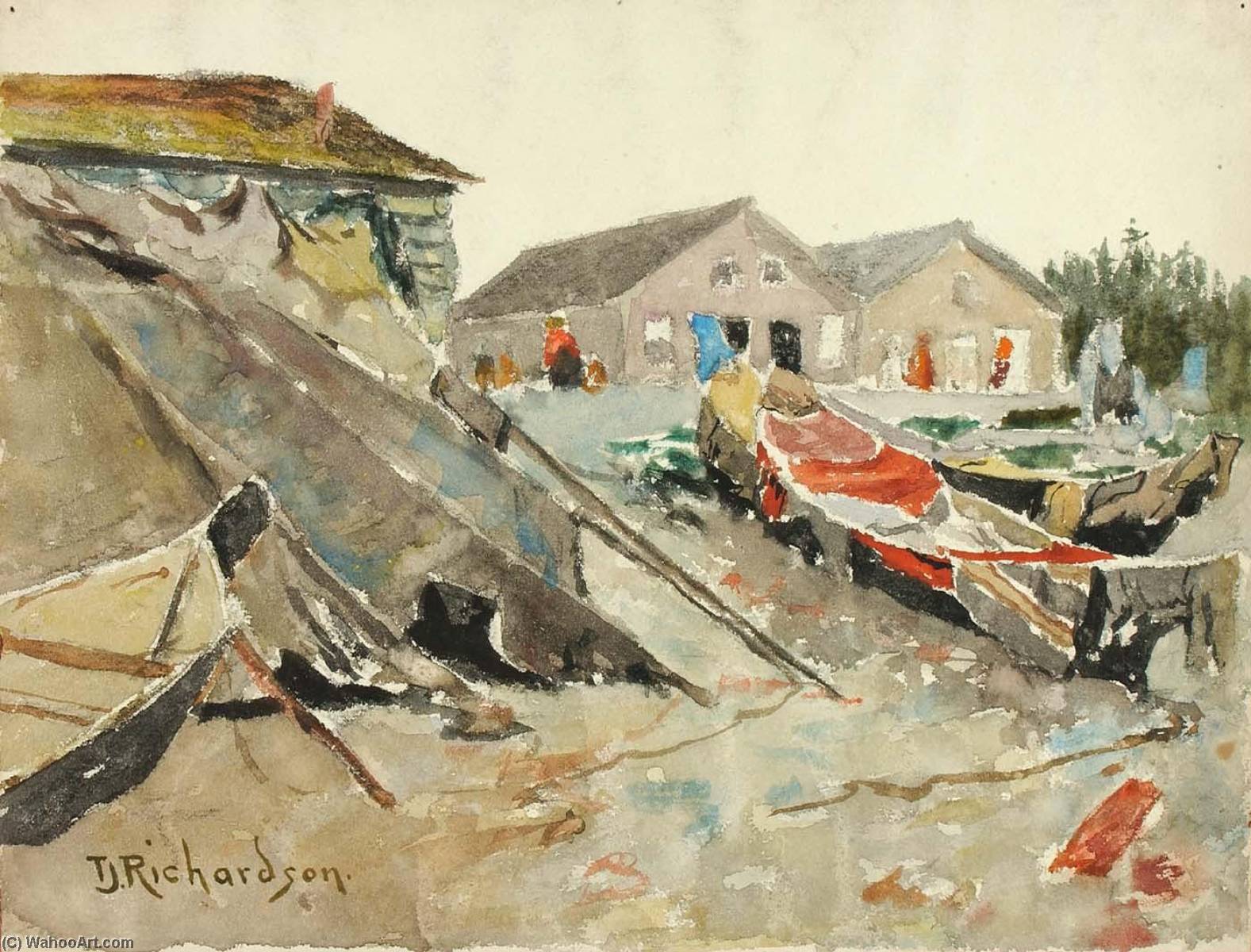 Wikioo.org - The Encyclopedia of Fine Arts - Painting, Artwork by Theodore J. Richardson - Drying Blankets over Canoes