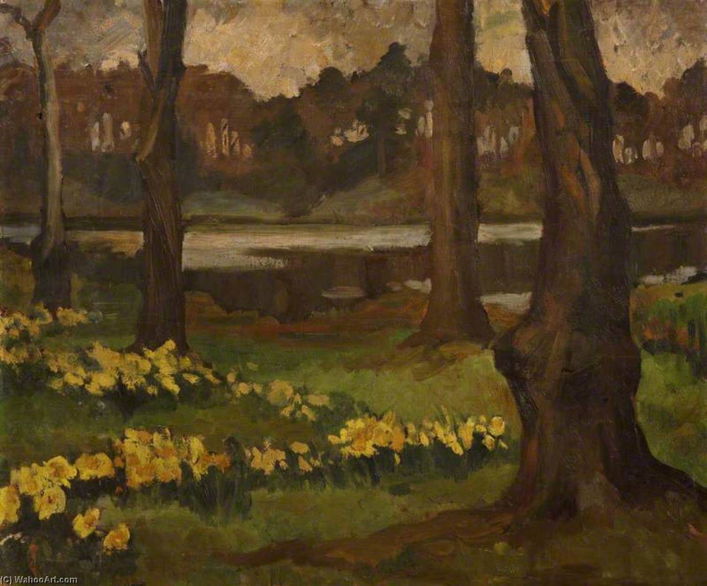 Wikioo.org - The Encyclopedia of Fine Arts - Painting, Artwork by Margaret Frances Anne Vane-Tempest-Stewart - Lakeside Scene with Daffodils (Mount Stewart )