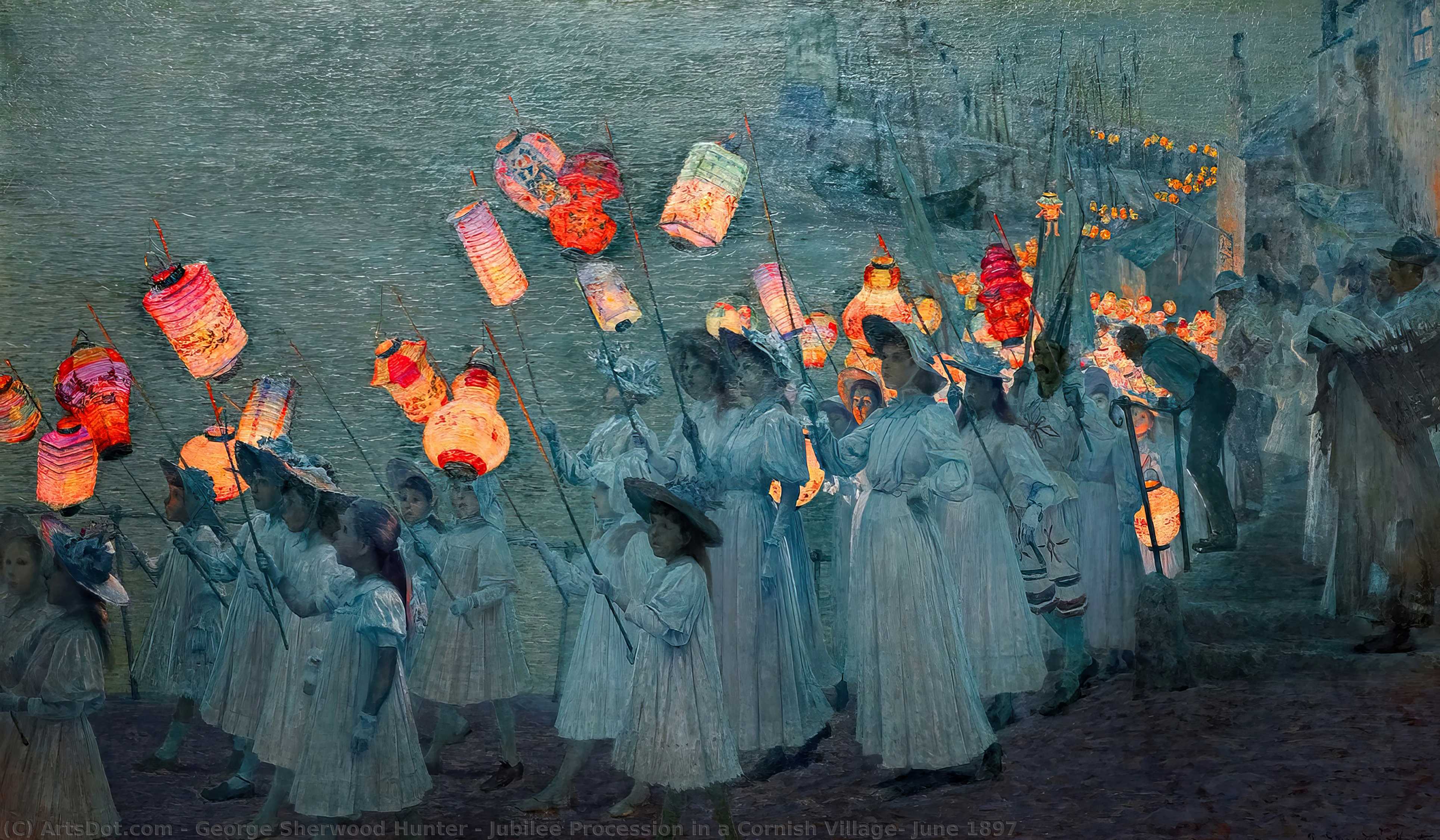 Wikioo.org - The Encyclopedia of Fine Arts - Painting, Artwork by George Sherwood Hunter - Jubilee Procession in a Cornish Village, June 1897