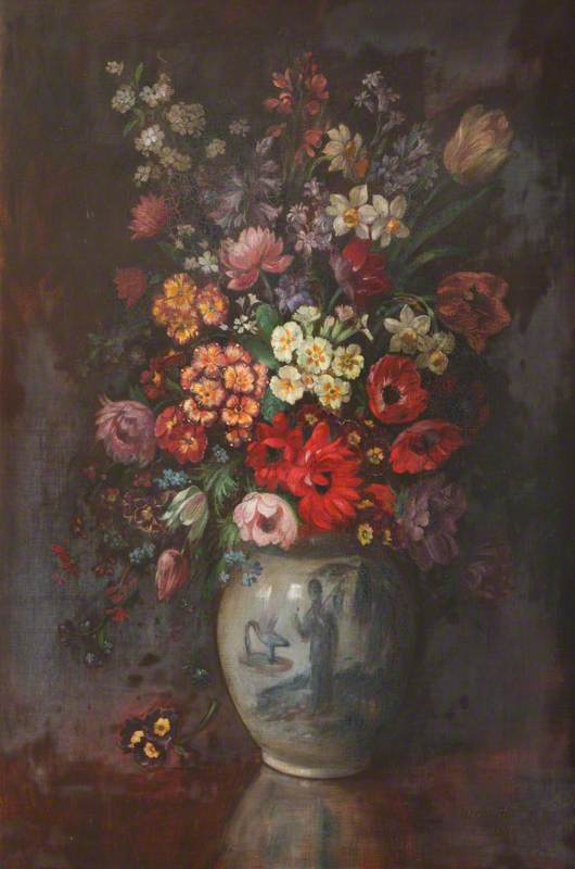 Wikioo.org - The Encyclopedia of Fine Arts - Painting, Artwork by David Paton - English Spring Flowers in a Blue and White Chinoiserie Vase on a Table