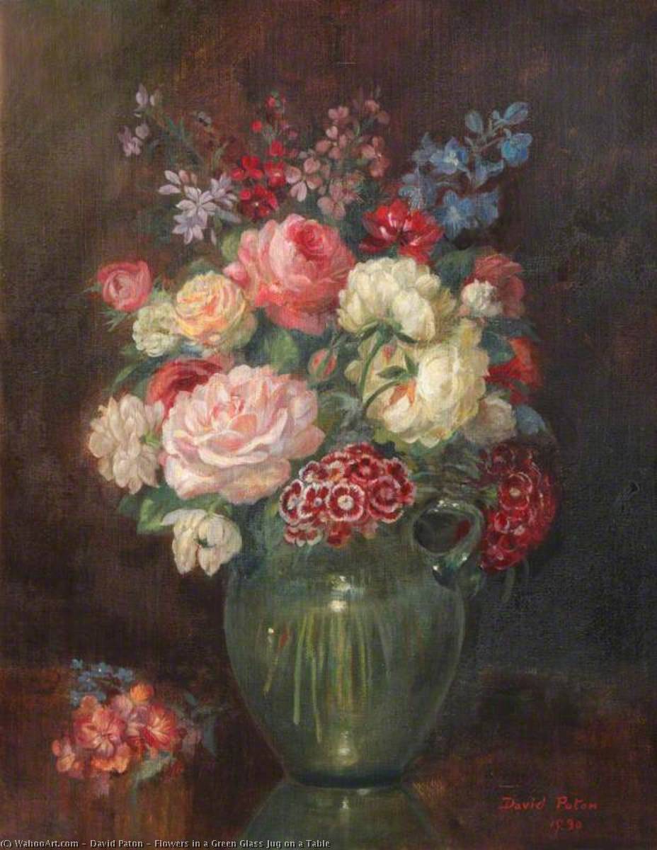 Wikioo.org - The Encyclopedia of Fine Arts - Painting, Artwork by David Paton - Flowers in a Green Glass Jug on a Table